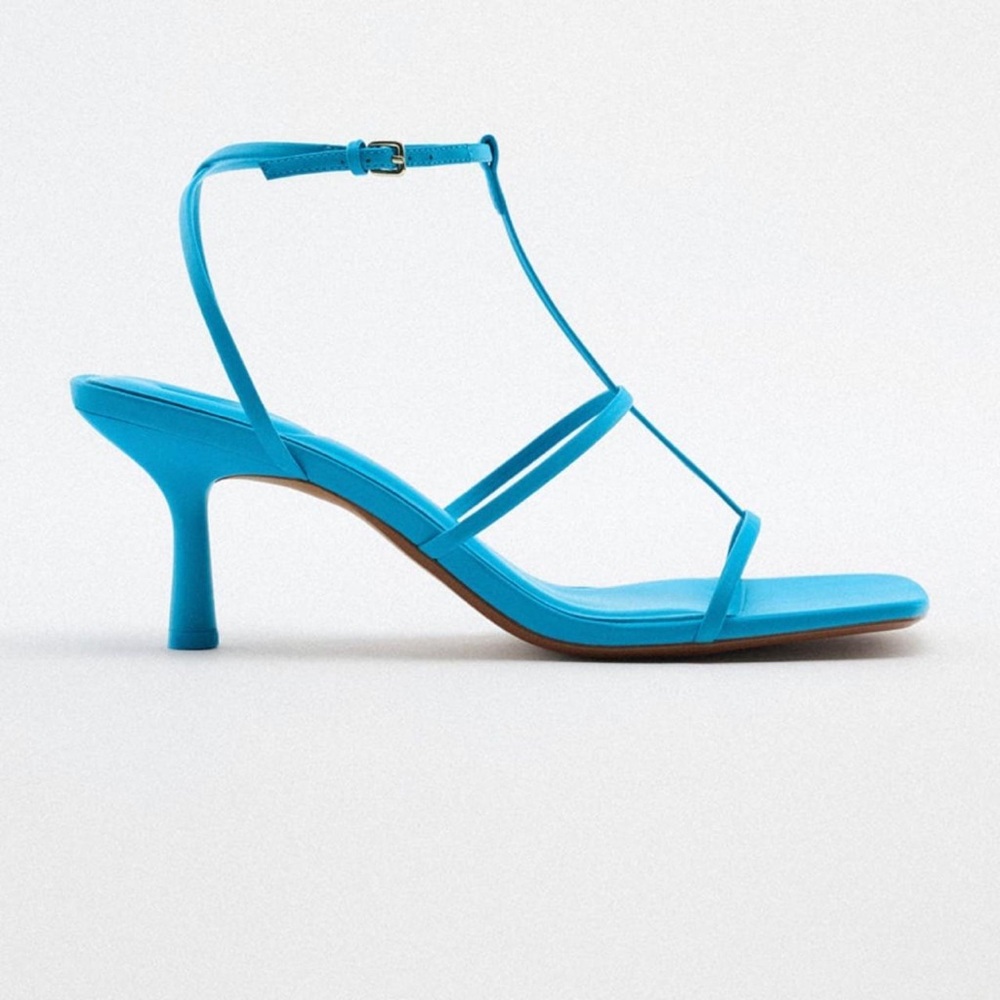 Zara Leather Blue Strappy Mid-Heel Sandal